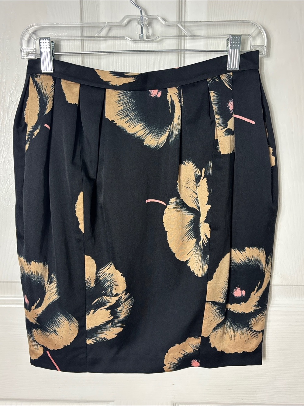 MOSCHINO Black Floral Print Pleated Pencil Mini Skirt Size 8 Silk Cotton Blend